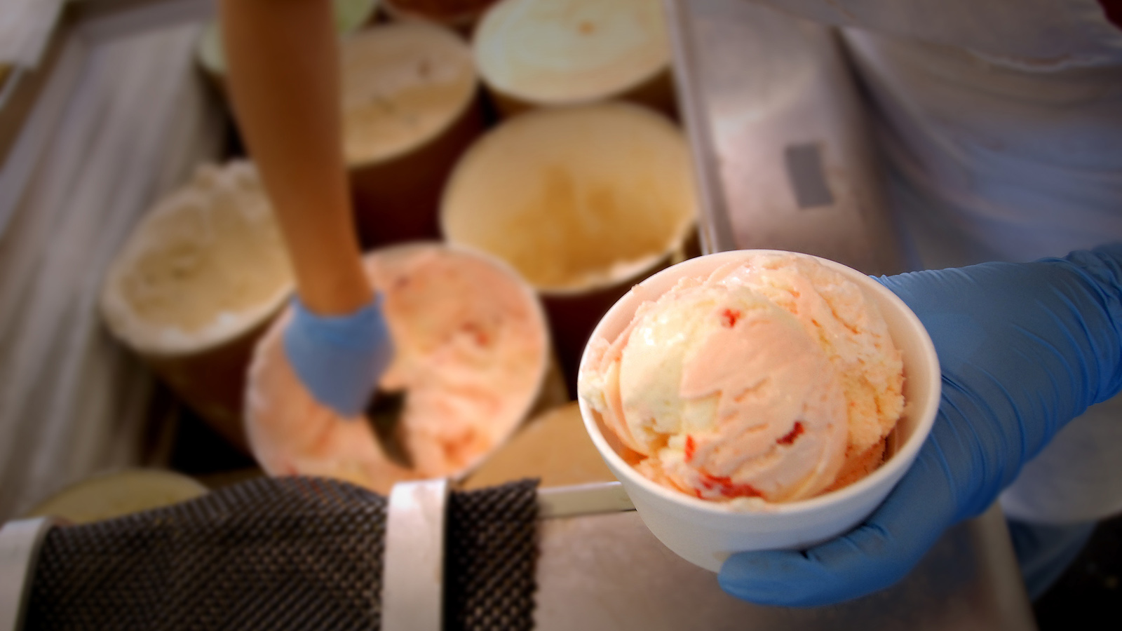 Gloved hands scooping a cup of NC State University's Howling Cow ice cream.