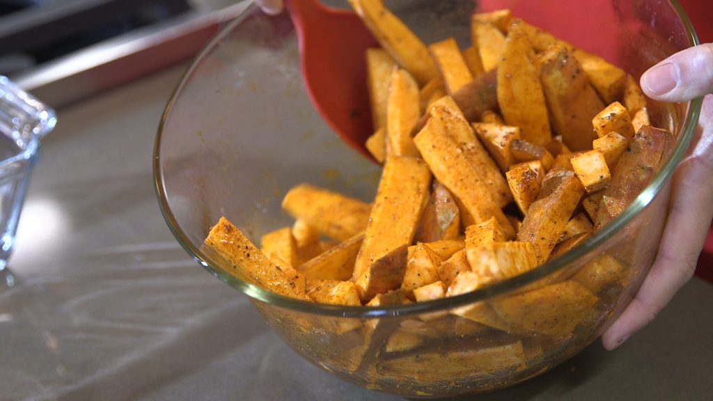 A glass bowl with sweet potato fries made using a recipe from NC State Extension's Homegrown video series.