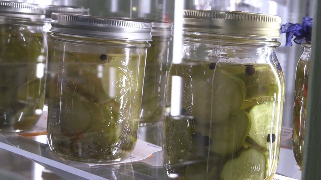 Jars of dill pickles line a shelf
