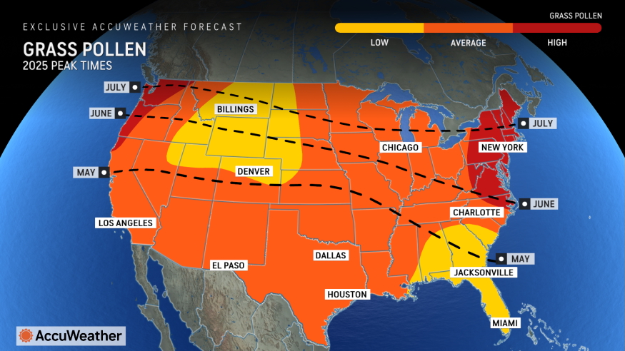 Grass Pollen Peak Season Map for 2025 from AccuWeather