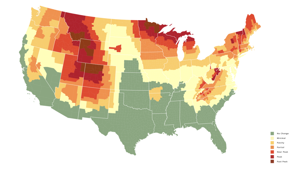 Fall foliage prediction map from SmokyMountains.com shows a range of past peak to no change for regions across the United States.